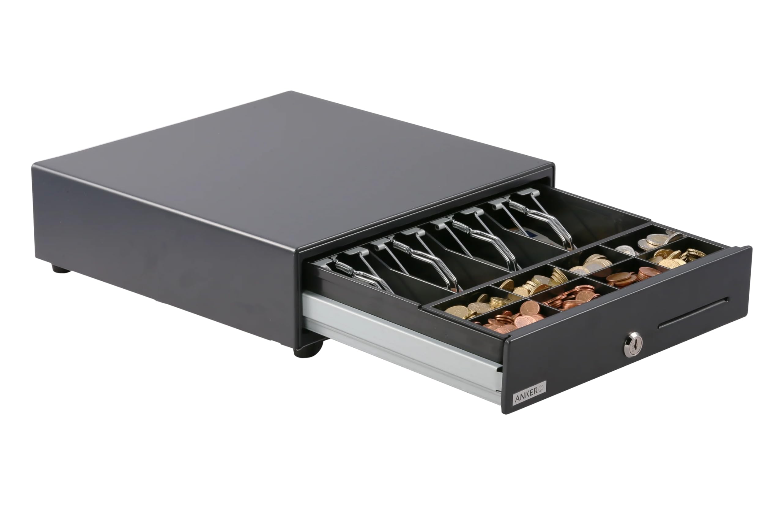 ANKER MDZ13 - Cassetto porta denaro in acciaio, con fessure per inserto, 8 monete e 4 scomparti per banconote, RJ12, per POS e casse