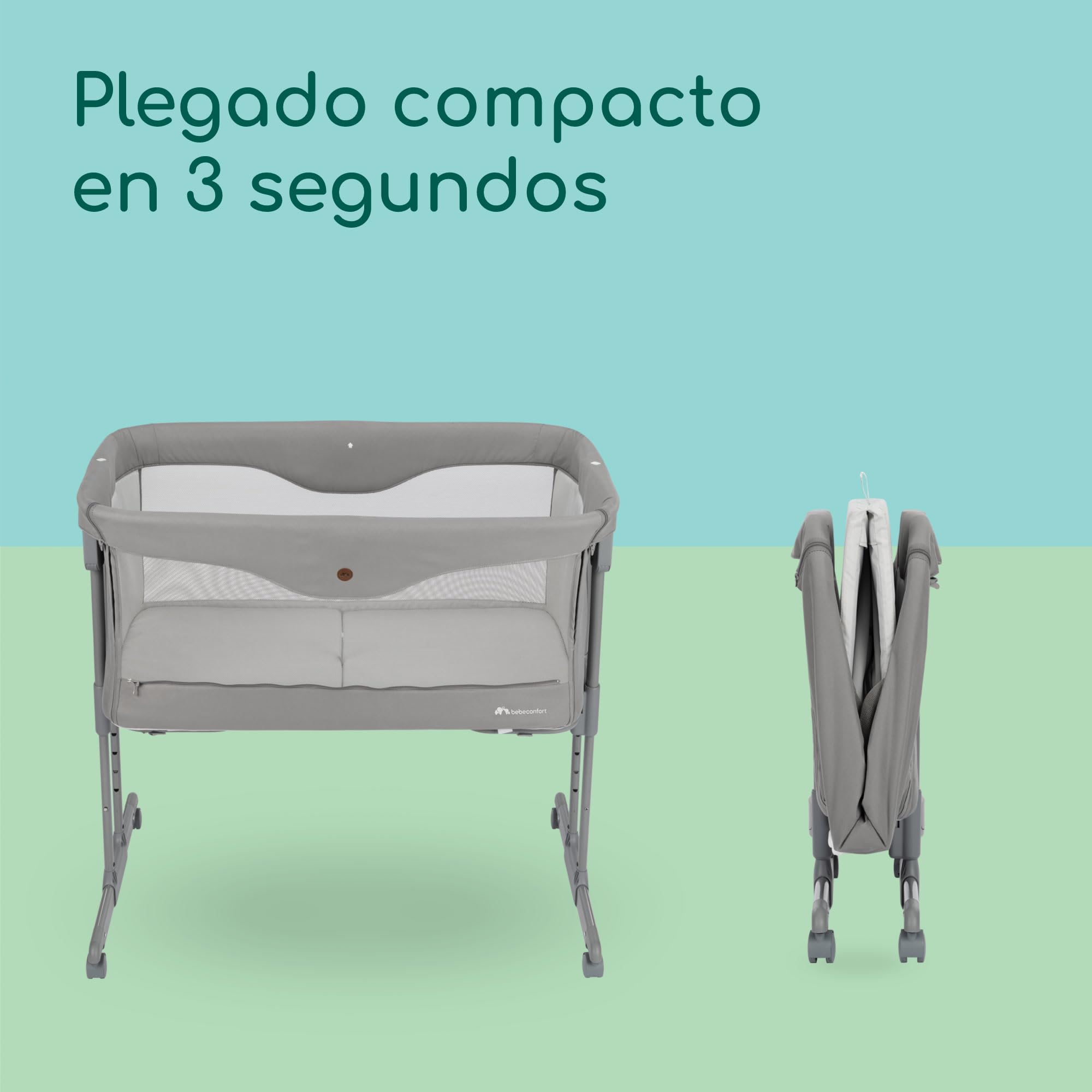 Bebeconfort Amara, Cuna Bebé, 0-6 Meses, 0-9 kg, Cuna Colecho Bebé, Cuna de Colecho y Moisés 2 en 1, Cuna Plegable en 3 Segundos, Fácil de Mover, Práctica Bolsa de Viaje, Tinted Grey