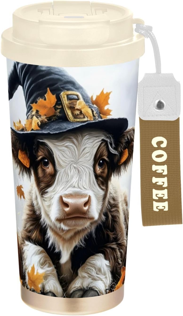 Cow Fall Halloween Insulated Coffee Mug with Straw & Flip Lid, 16.9oz Iced Tumbler Cup, Double Wall Vacuum Mug for Travel Office