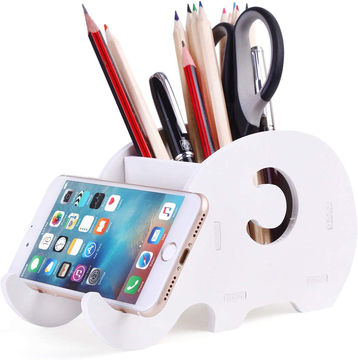 Roontin Portalápices para escritorio, bonito diseño de elefante, organizador de papelería (blanco)