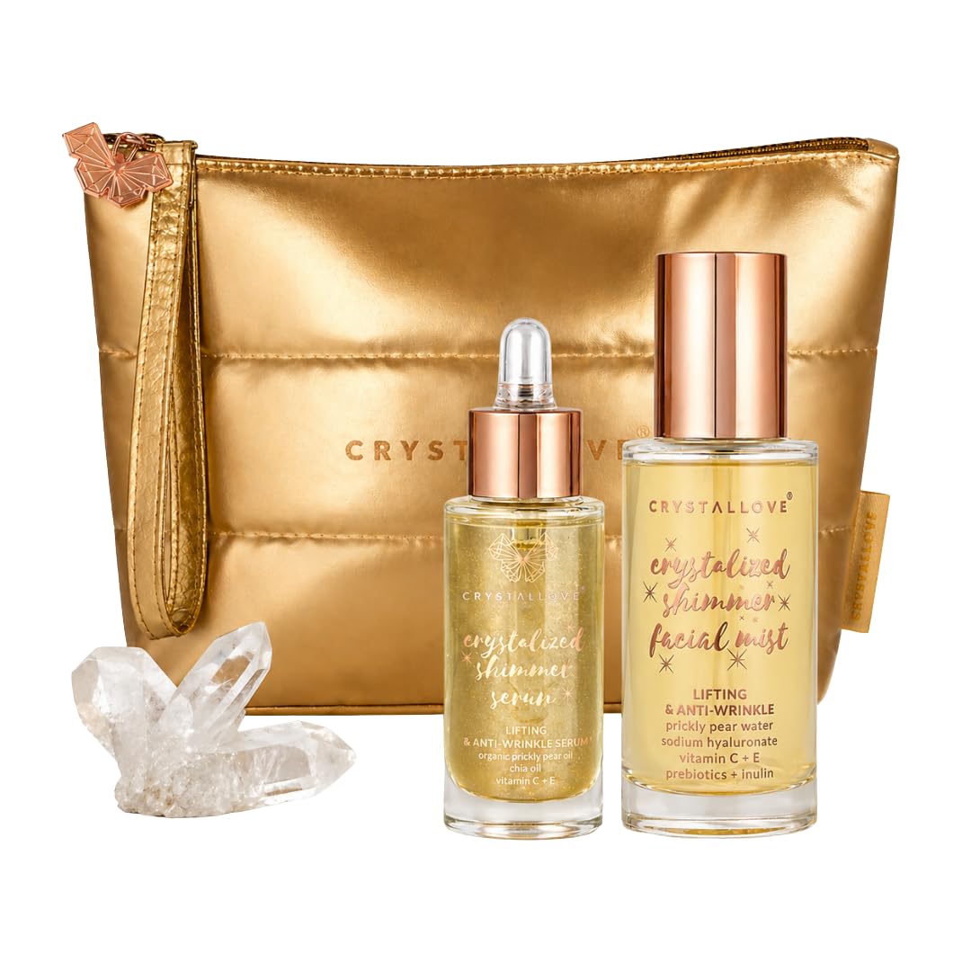 CRYSTALLOVE Clear Quartz Skincare Duo – Gesichtsserum 30 ml & Face Mist 100 ml mit Bergkristall inkl. Kosmetiktasche – Hautpflege Set für Glow, Feuchtigkeit & Frische – Geschenkset