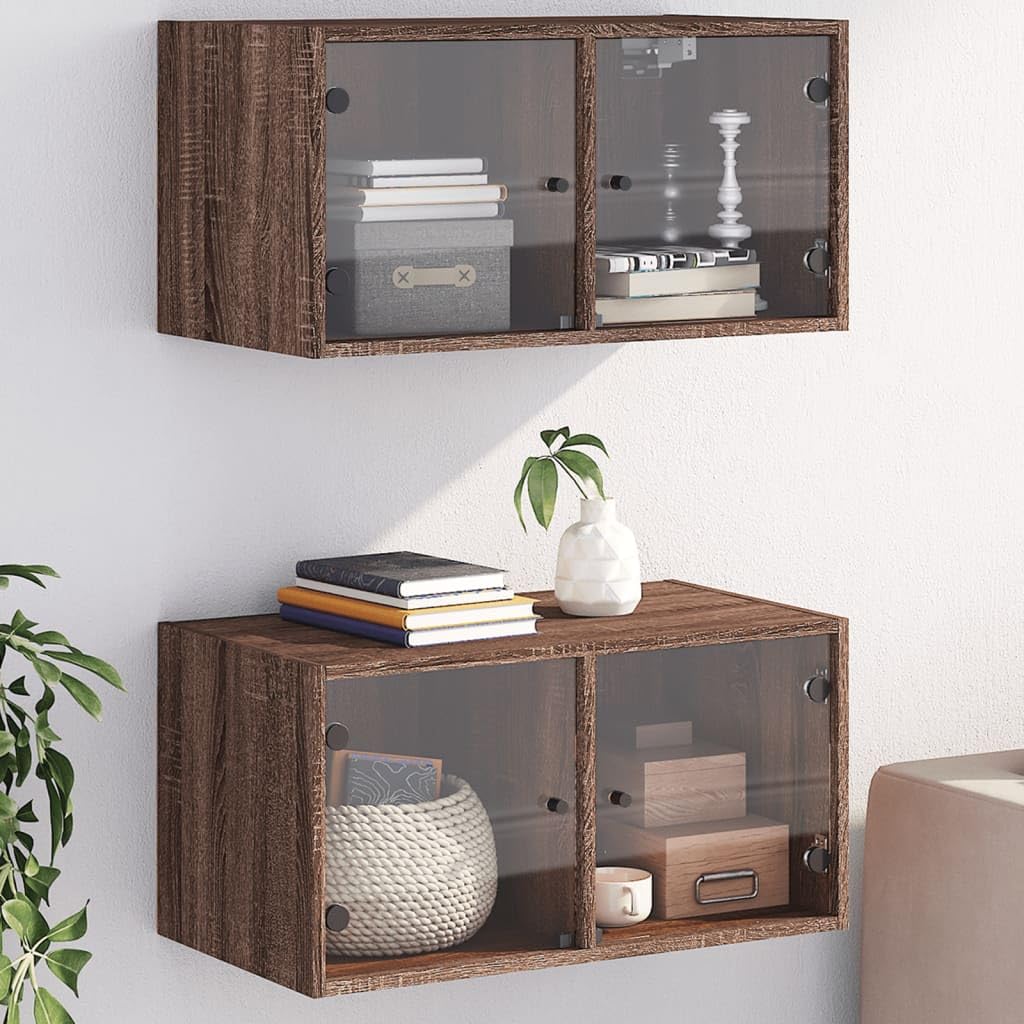 Wandschränke mit Glastüren 2 Stück Braun Eichen-Optik für Aufbewahrung im Wohnzimmer Büro Schlafzimmer Flur mit viel Stauraum und Stabiler Holz- und Glaskonstruktion
