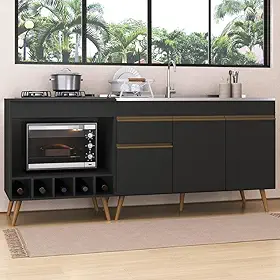 Multimóveis Kit Balcão de Cozinha para Pia e Balcão para Cooktop/Forno 190cm Veneza Mp2384 Preto/Dourado
