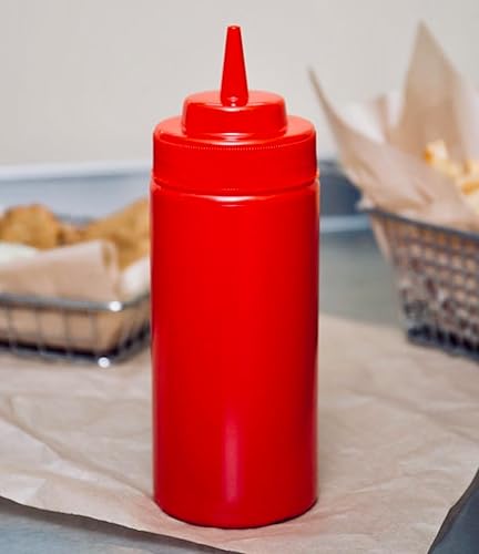 Miniatura 5 de Tezzorio Botella de plástico de boca ancha roja de alto rendimiento de 16 onzas. Dispensador cómodo y versátil sin derrames, botella de aderezo sin