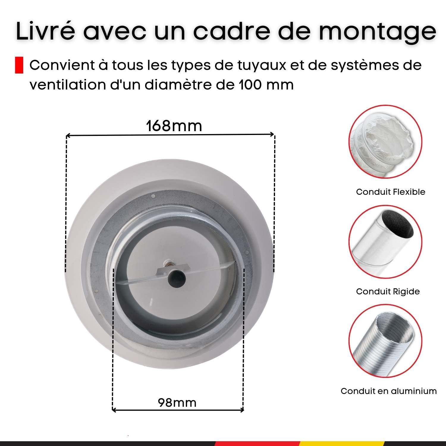Steinberg14 Bouche VMC - 100mm Diffuseur Rond en Métal - Valve d'air Réglable au Plafond Mural - Clapet d'Alimentation et d'Extraction d'air - Grille d'aération - Blanc