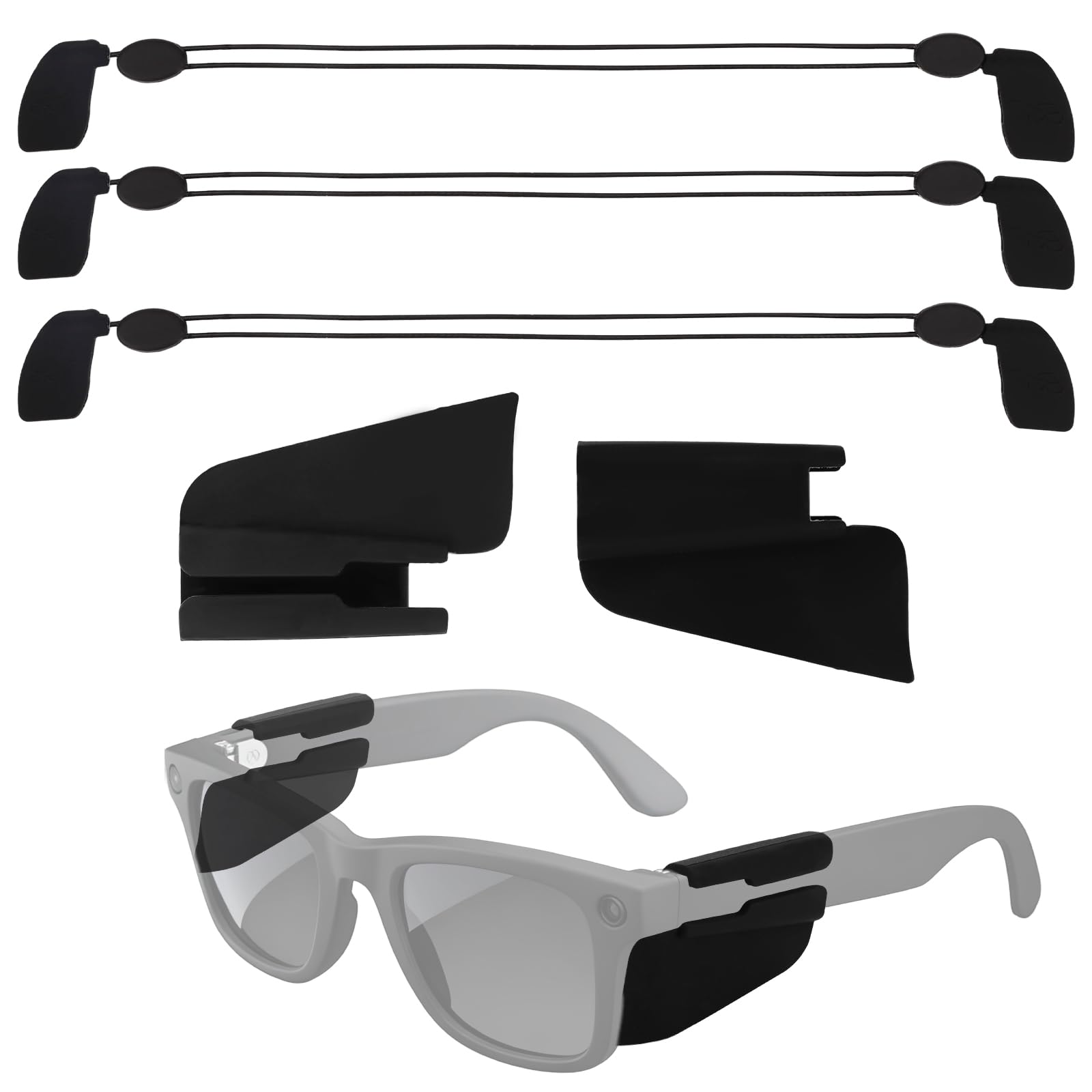 2 Sztuki Inteligentnych Osłon Bocznych do Okularów z 3 Paskami, Silikonowymi Ochraniaczami Bocznymi i Paskami Mocującymi Kompatybilne z Okularami Ray-Ban Meta Wayfarer/Skyler