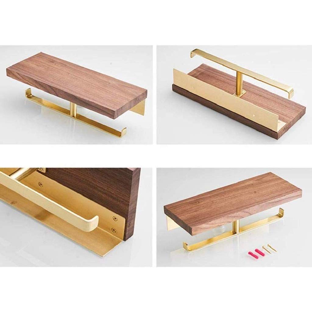 Aseo de papel de madera Holder-Industrial-doble del estilo del rollo del papel higiénico del titular, de latón de montaje en pared de tejido dispensador de rack con el estante de madera de alma