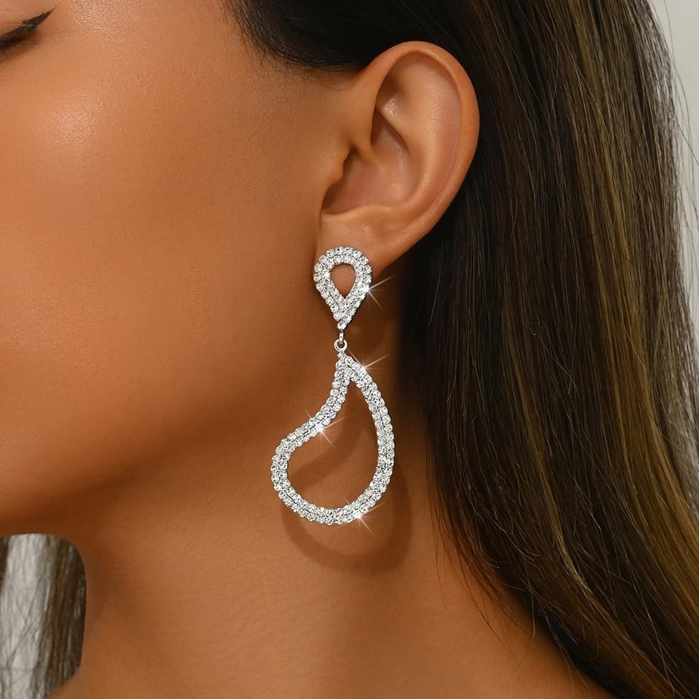 Silver Rhinestone Teardrop Dangle Earrings for Women Sparkly Long Geometric Drop Earrings Zircon Waterdrop Dangling Earring Jewelry Accessories - Image 4