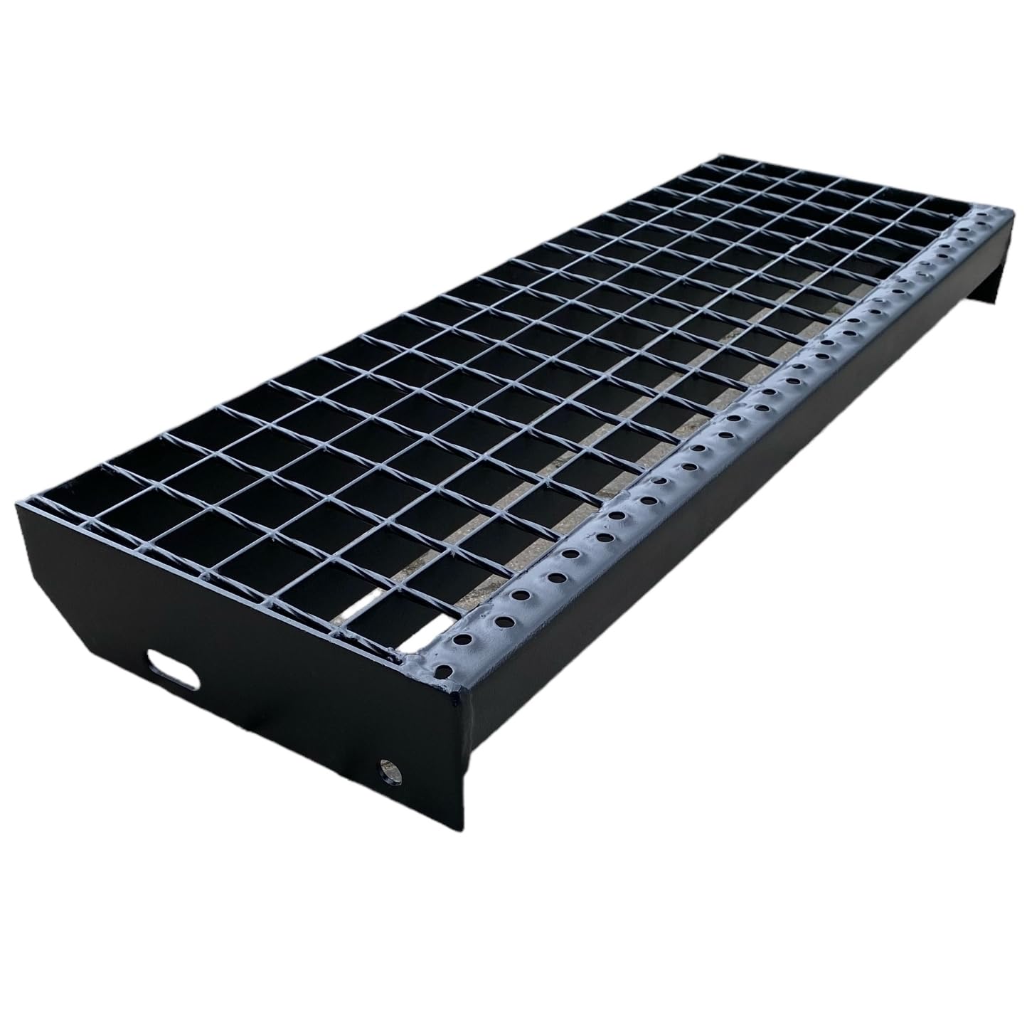 F & R Metalowy stopień 600 x 270 mm RAL 9005 czarny – kratka schodowa ze stali malowanej proszkowo – antypoślizgowy, odporny na warunki atmosferyczne, idealny do schodów zewnętrznych