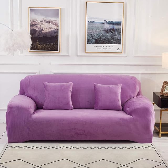 Sinoeem Sofa Covers 1 2 3 4 Seater Velvet (Free 2 Cushion Covers) Pure Color Sofa Slipcovers Protector Easy Fit Elastic Fabric Stretch Machine Washable Couch Slipcover (4 Seater:235-300cm, Purple)