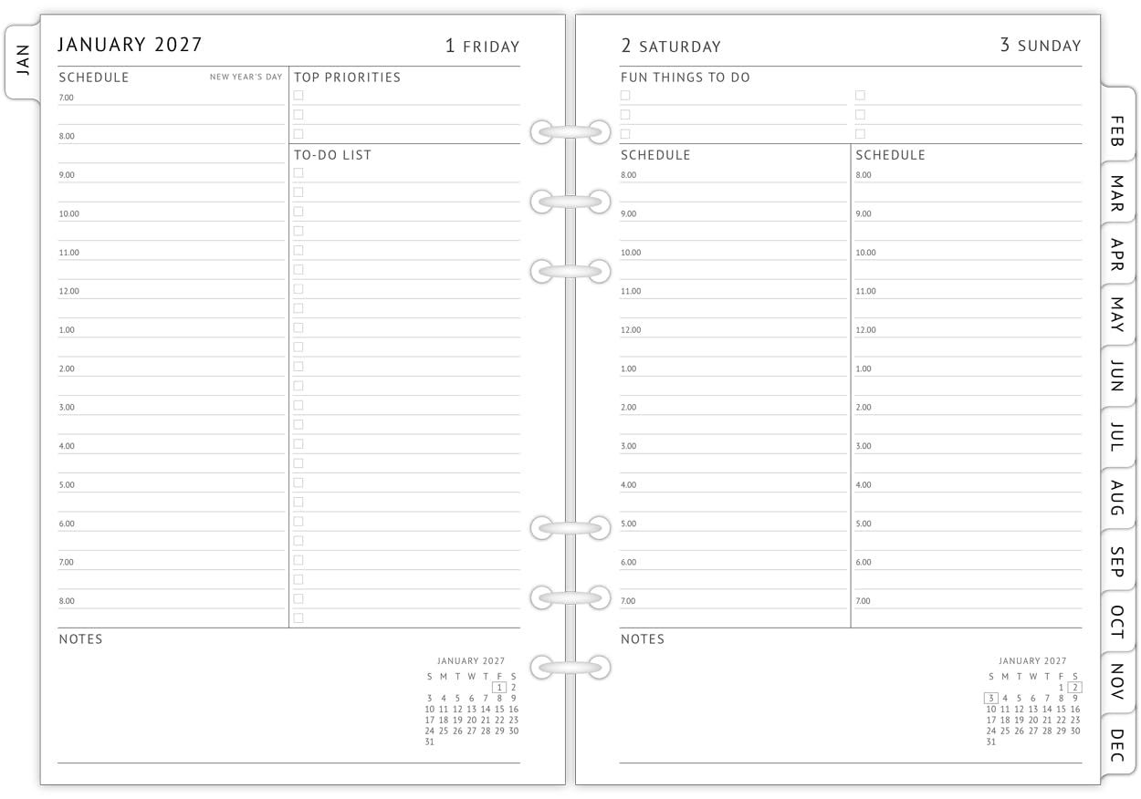 newestor Ricariche per agenda giornaliera 2027, formato A5, compatibile con Filofax, pianificazione giornaliera e cose da fare, schede mensili, 6 fori perforati