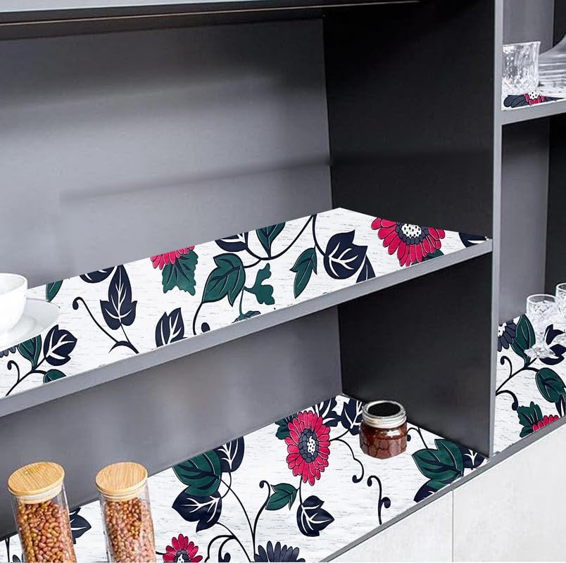 Image of Anti-Slip Kitchen Shelf Liner - 5 Meter Roll, Waterproof Multipurpose Mat for Fridge, Cabinet, Drawer, Trolley & Bathroom - Easy to Cut Floral Blue Print (White)