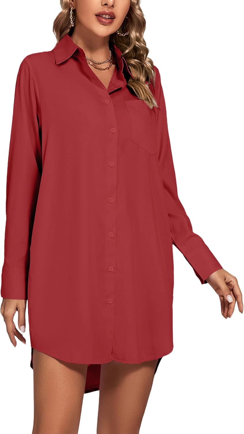 LYANER Women's Collar V Neck Button Down Long Sleeve Cruved Hem Shirt Dress - Image 4