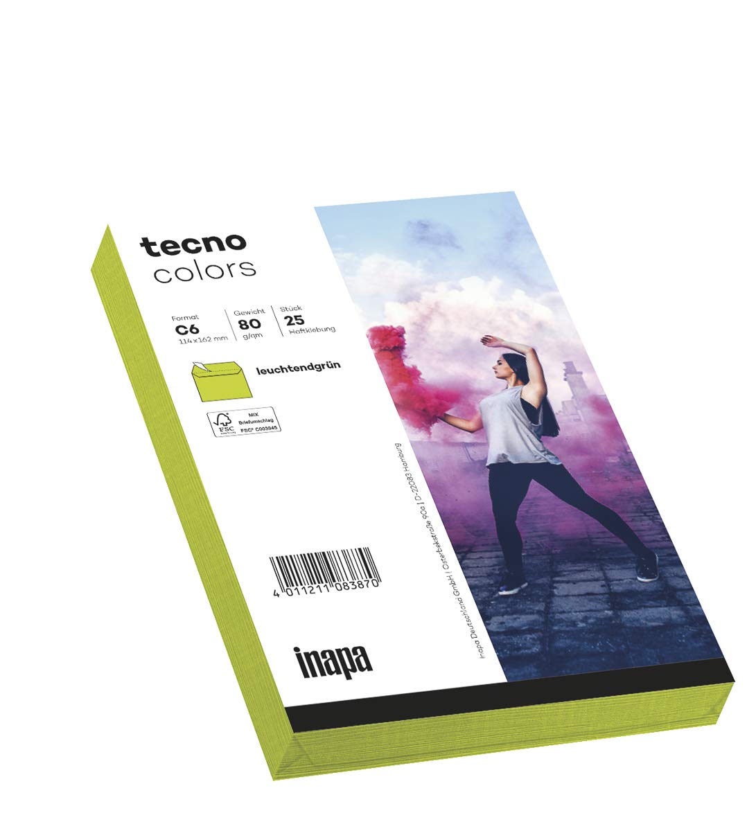 inapaTecno Colours Envelopes DIN C6 (114 x 162) 80 g Bright Green Peel and Seal without Window Pack of 25