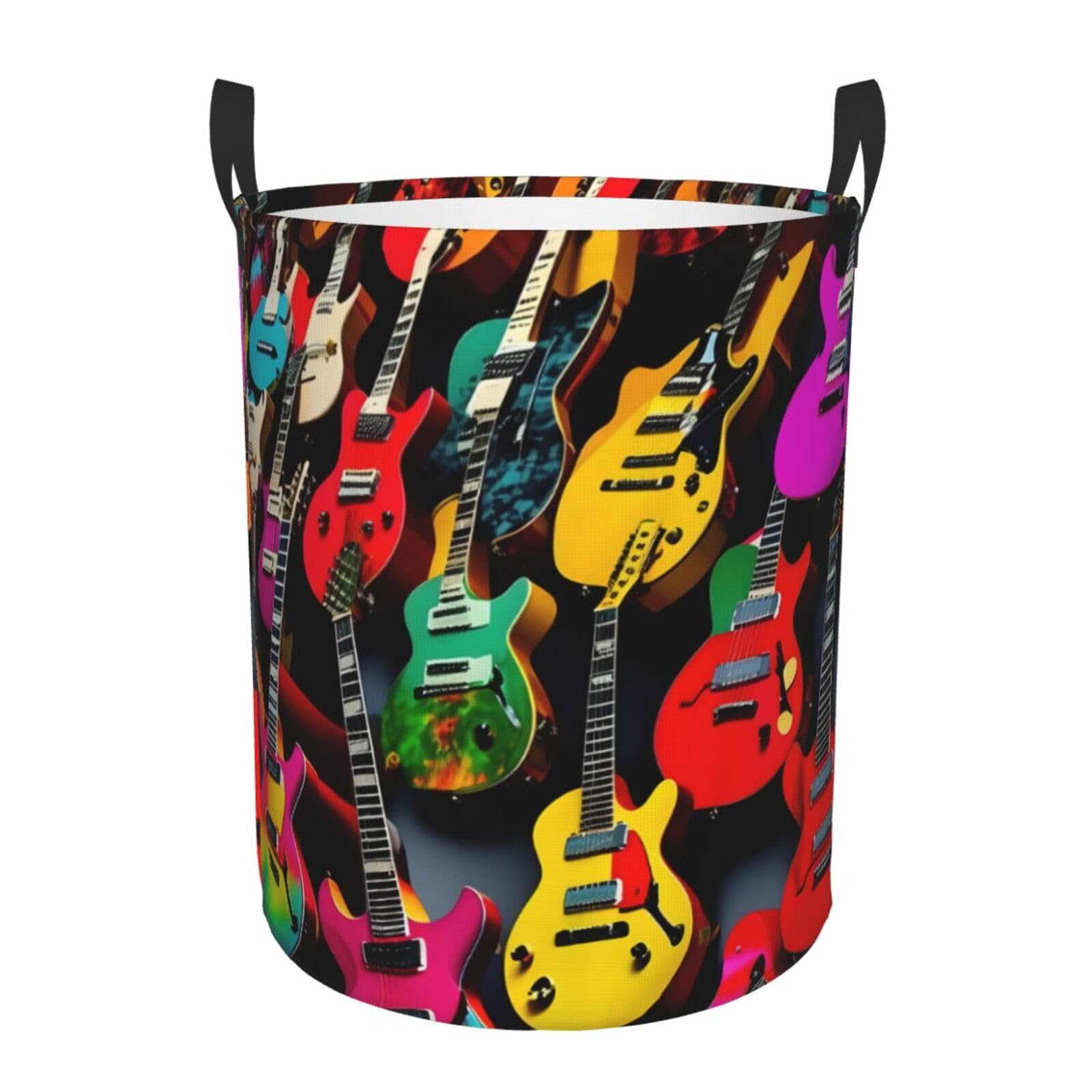 S Collapsible Laundry Hamper Round Colorful Guitar Print Storage