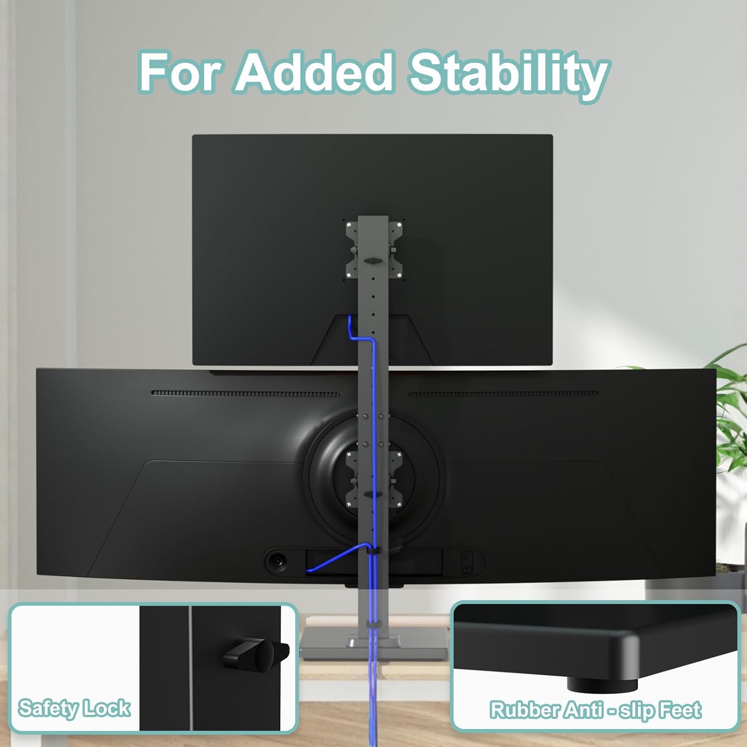 Suptek Dual Monitor Stand with Base Vertical Stack Screen Free-Standing Monitor Riser Fits Two Screen Max 36" & One Screen Max 43" with Swivel, Tilt, Height Adjustable,50,75 and 100mm Vesa Base Stand
