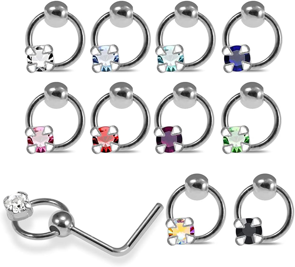 20 Pieces Box Set Claw Set Crystal Stone on Moving Ring Design 22 Gauge 925 Sterling Silver Nose Pin - Nose Stud - Tiny Nose Ring - Nose Piercing Body Jewelry