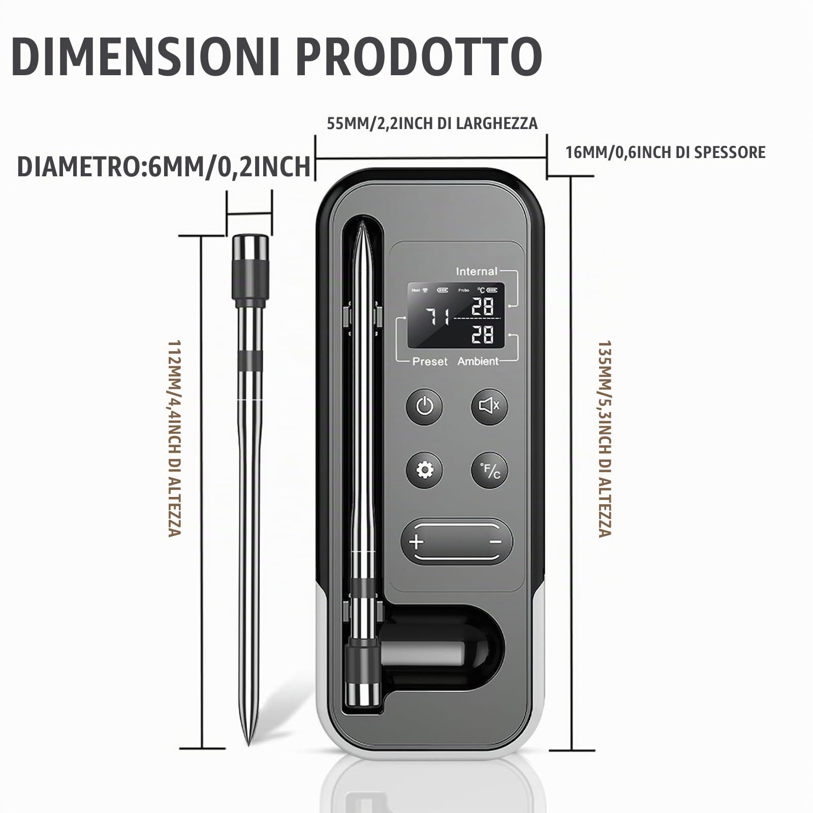 ANTELA Termometro Carne Senza Fili con Display LCD | 200m Bluetooth Termometro per Griglia, App Controllo, IP67, per Griglie, Forni da Cucina