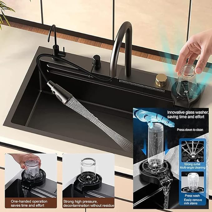 Image of CROCODILE Nano Black Single Bowl Smart Kitchen Sink, 304-Grade Stainless Steel, 24x18x9 inches, Matte Black Finish, with Integrated Waterfall, Cup Washer, Drain Basket, RO Tap and Pull Out Faucet