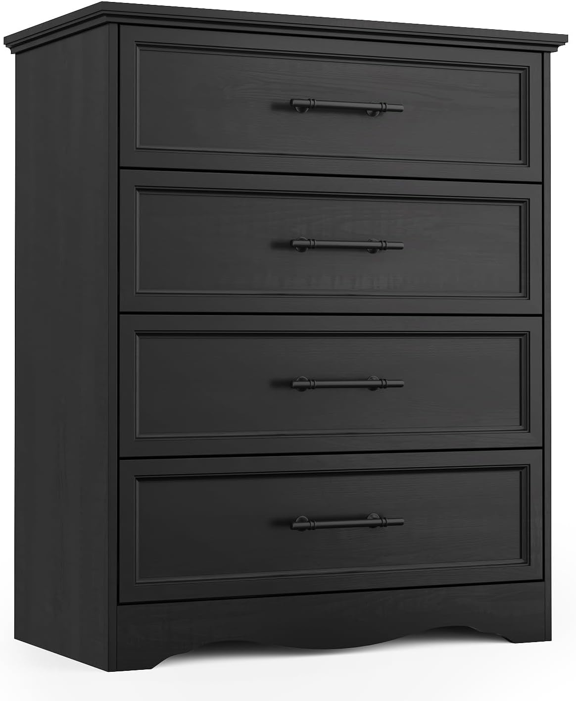 YANSNWO Black Farmhouse 4-Drawer Dresser, 36" Tall Bedroom Chest with Metal Handles & Unique Base Design