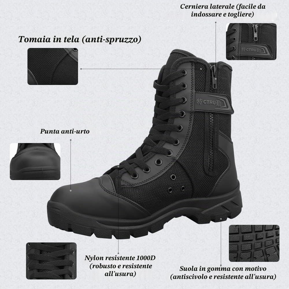 Uomo Stivali da Combattimento Stivali Tattici Militari Leggeri Scarponi della Polizia di Pattuglia con Cerniera Laterale Modello 307B-37EU