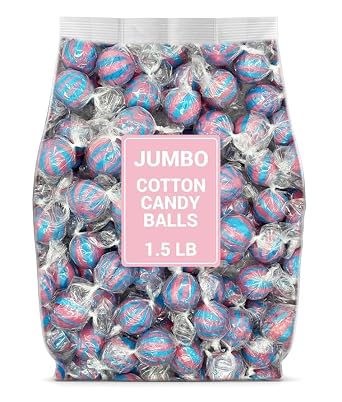 Munchique Jumbo Cotton Candy Balls Individually Wrapped Bulk Hard Candy 1.5 lb Bag Approx. 70 Pieces Pink & Blue Carnival Candy for Parties & Stocking Stuffers