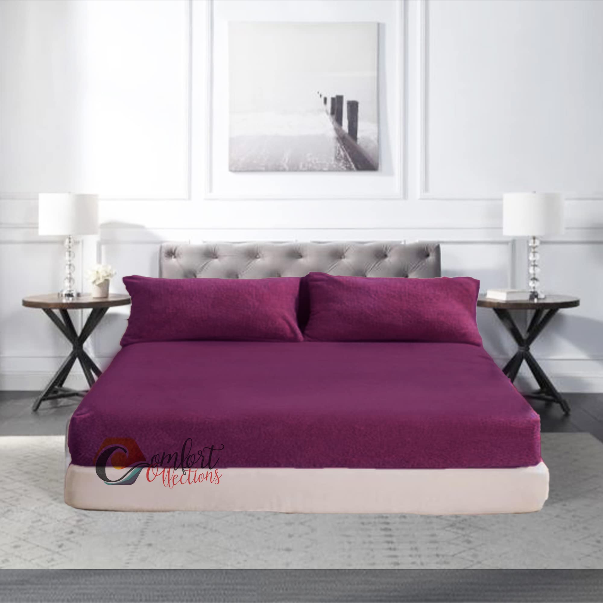 Comfort Collections Purple Fleece Fitted Bed Sheet Extra Deep 30Cm (12” Inches) Teddy Fleece Warm And Cosy Fitted Bed Sheet Superking 180Cm X 200Cm + 30Cm Approximate