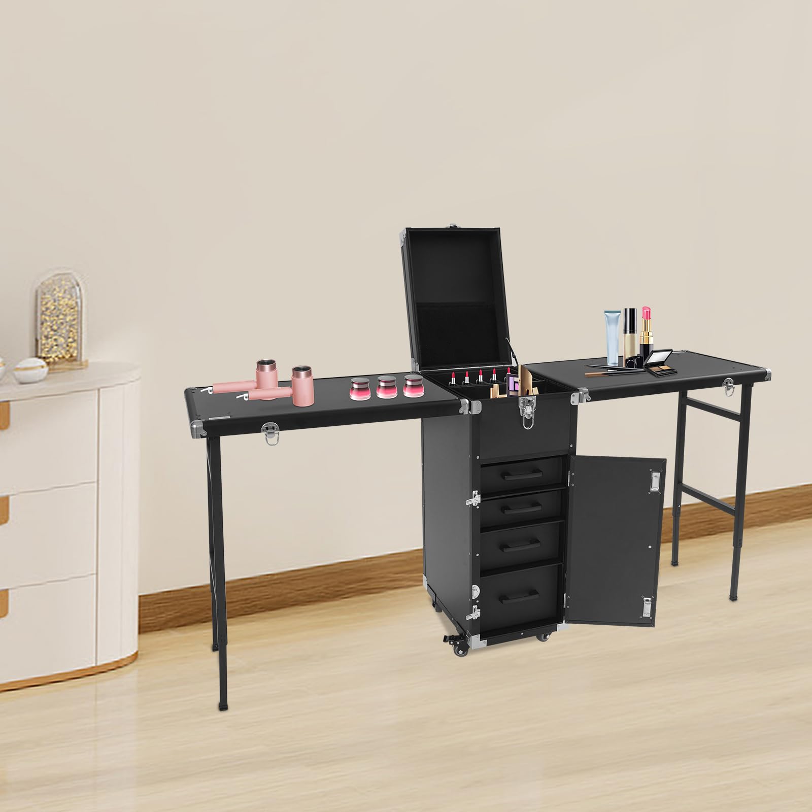 Maniküre Tisch Nageltisch, Professioneller Maniküretisch mit 360°-Rollfunktion, Tragbarer Nageltisch mit Bremsen & Acetonbeständig für Nail Tech & Kosmetikstudio (Schwarz)