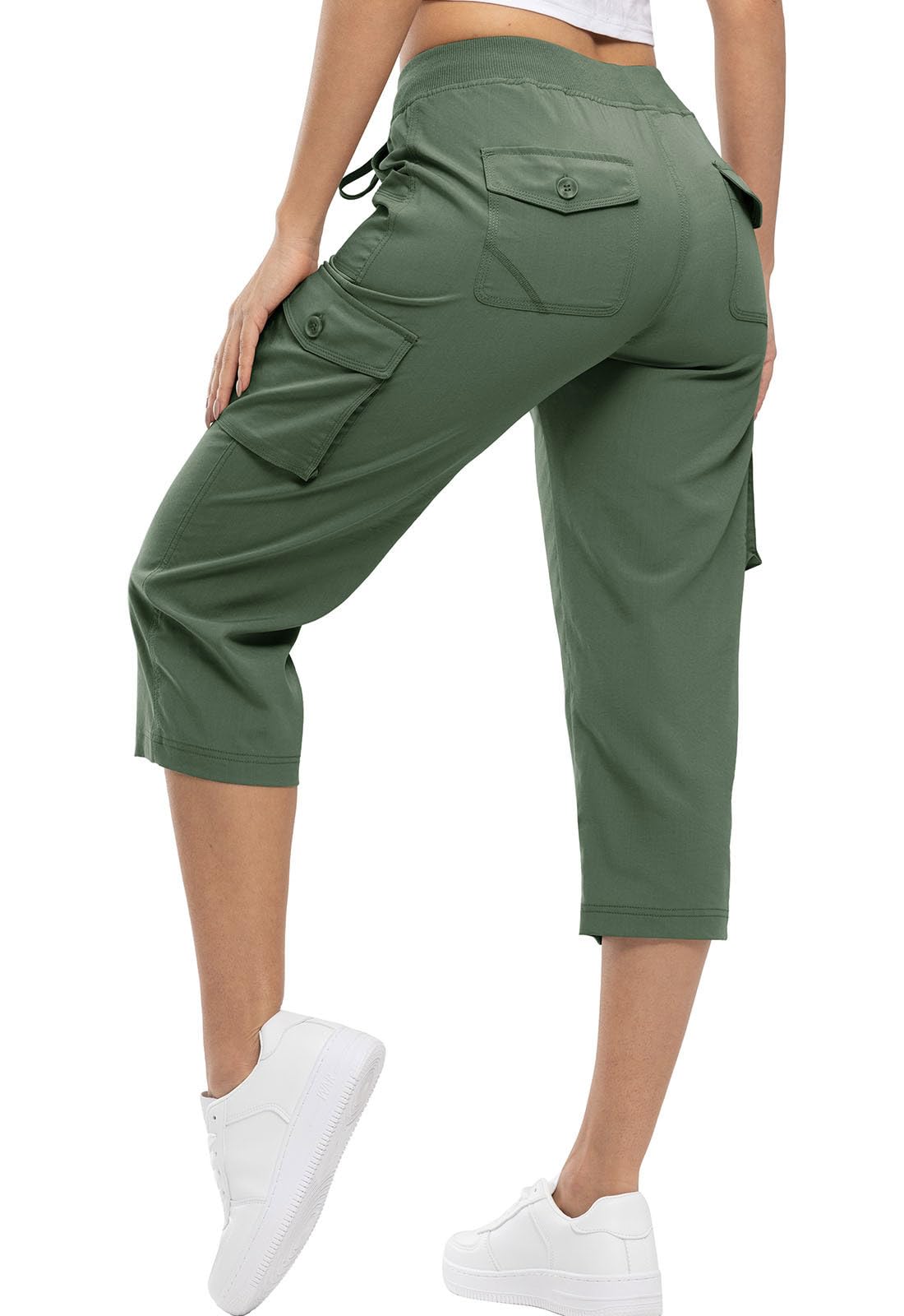 YSENTO Dames Wandelbroek Outdoorbroek 3/4 Zomerbroek Capri Cargobroek Lichte Stretch Trekkingbroek Functionele broek, groen, L