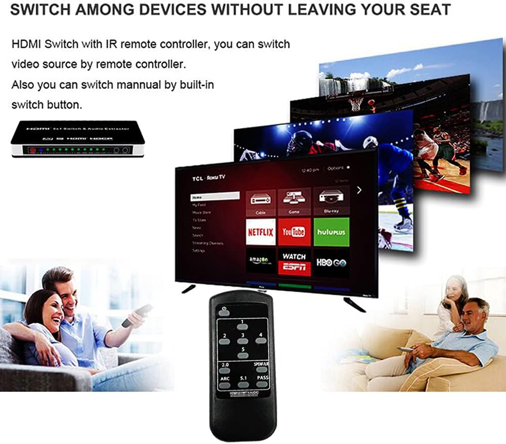 Gеt Pорulаr оƒƒеr Unocho 4K HDMI Switch 30Hz HDMI Switcher 5 Port 5x1 HDMI Switcher Splitter Box hdmi Audio Extractor Supports 1080P Ultra HD 4K Full HD 3D ARC with Remote