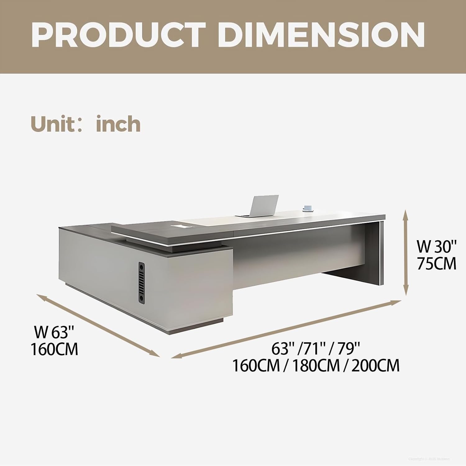 L-Shaped Executive Desk with Storage Drawers, Modern Manufactured Wood Computer Desk, Management Office Workstation with File Cabinet, Without Chair (Left, 102×67×30)