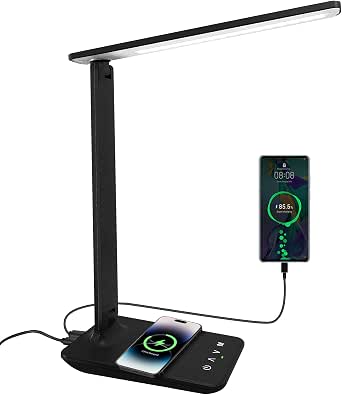 White Crown LED Desk Lamp with 15W Wireless Charger & USB Port, Dimmable Table Lamp with 5 Lighting Modes, Touch Control, Foldable & Portable