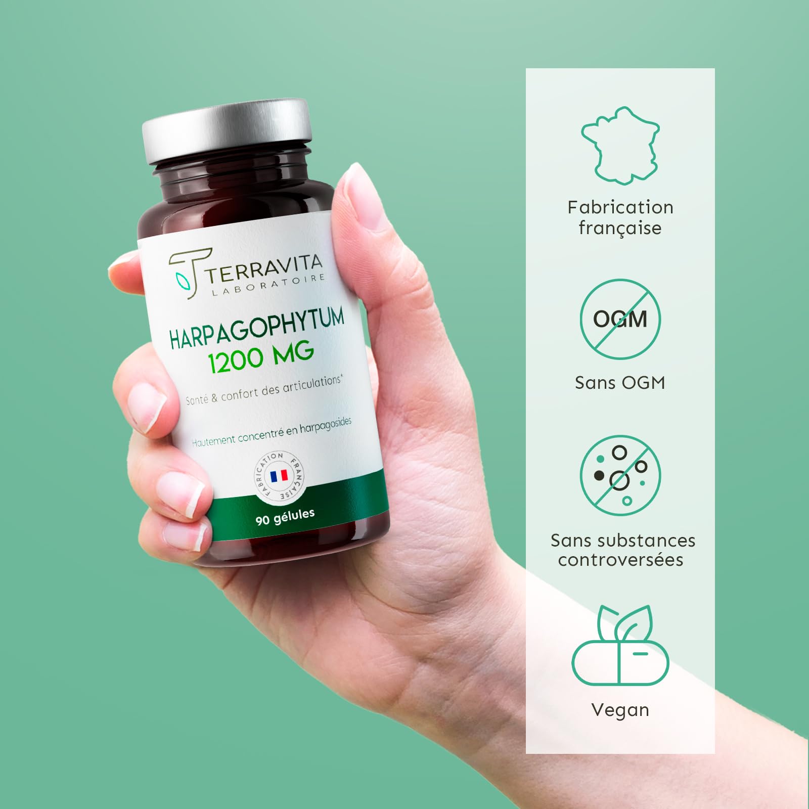 HARPAGOPHYTUM | Extrait 8:1 Ultra Concentré à 5% en Harpagosides | Douleurs Articulaires - Arthrose | Mobilité et Souplesse Renforcées | 90 Gélules de 400 mg | Made in France | Terravita