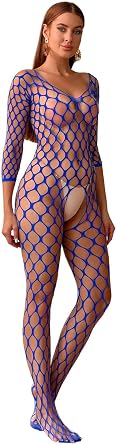 Womens Lingerie Sexy Fishnet Nightwear Long Sleeve Babydolls Party Dress Mesh Stockings Tights One Size