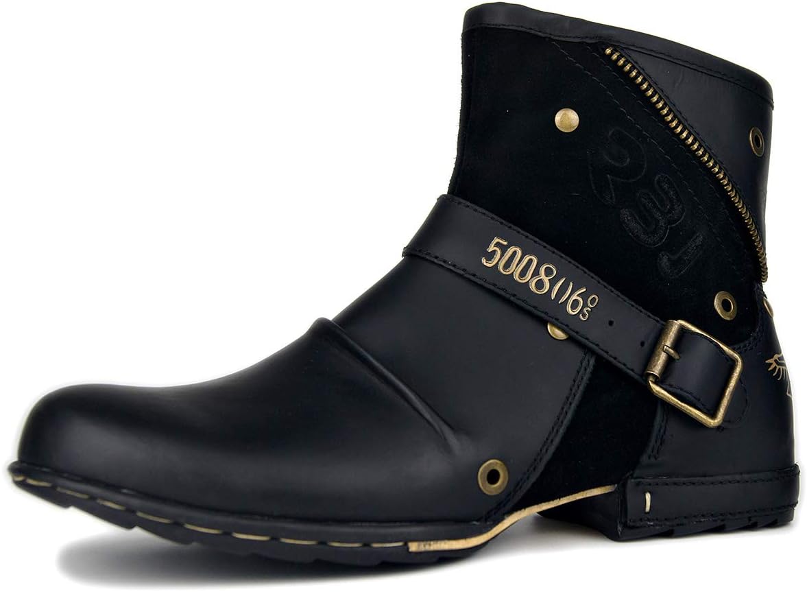 OSSTONE Moto Boots for Men Fashion Zipper-up Leather Chukka Boots Casual Shoes OS-5008-6-US