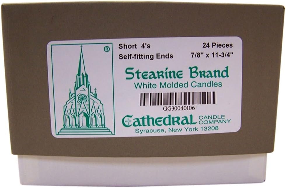 Cathedral Brand White Molded Stearine Candles Short 4's with Self-Fitting Ends, 7/8 Inch x 11 3/4 Inch, Box of 24
