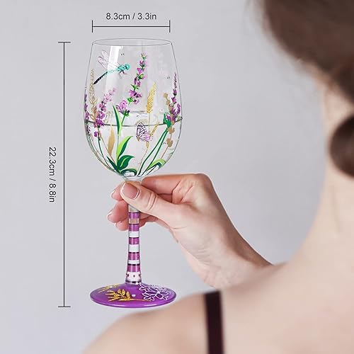 Miniatura 5 de NymphFable Copa de vino pintada a mano con lavanda púrpura y libélula regalo de cumpleaños para mujeres con caja de regalo personalizada, 15 onzas