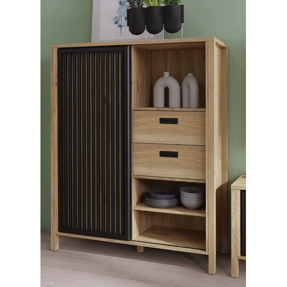 Forte JYTANA Schrank 100 105, skandinavischer Schrank mit 2 Schubladen, Schranktür und 3 offenen Fächern, Mauvella Eiche mit Schwarz, 103,4 cm breit x 129,9 cm hoch x 40,2 cm tief