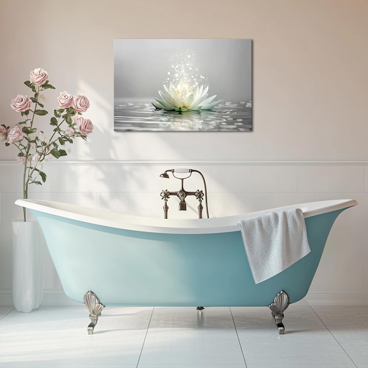 LyerArtork Zen Wall Art Canvas Prints Water Lily Picture Meditation Yoga Spa Studio Bathroom Wall Decor Calming Modern Lotus Flower Poster Artwork Painting 16" L x 24" W
