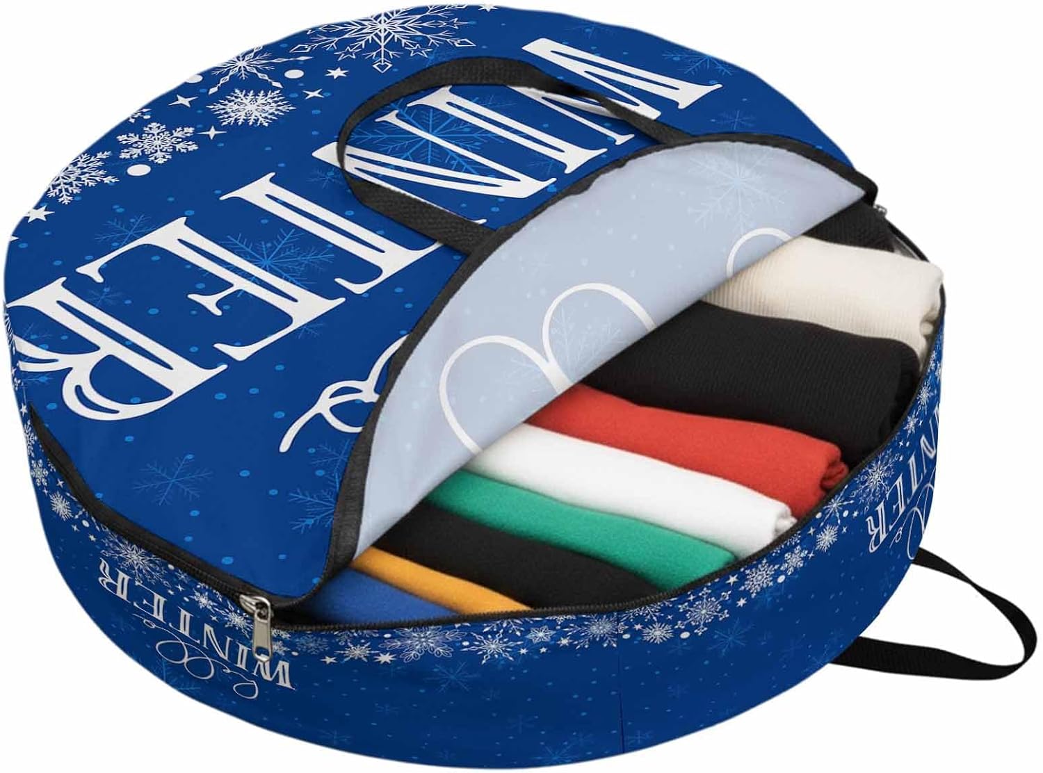 Hello Winter Round Storage Bag 36 Inch, Christmas Snowflake Blue Clothes Storage Container with Handles Heavy Duty Organizer for Comforter, Bedding & Holiday Wreaths