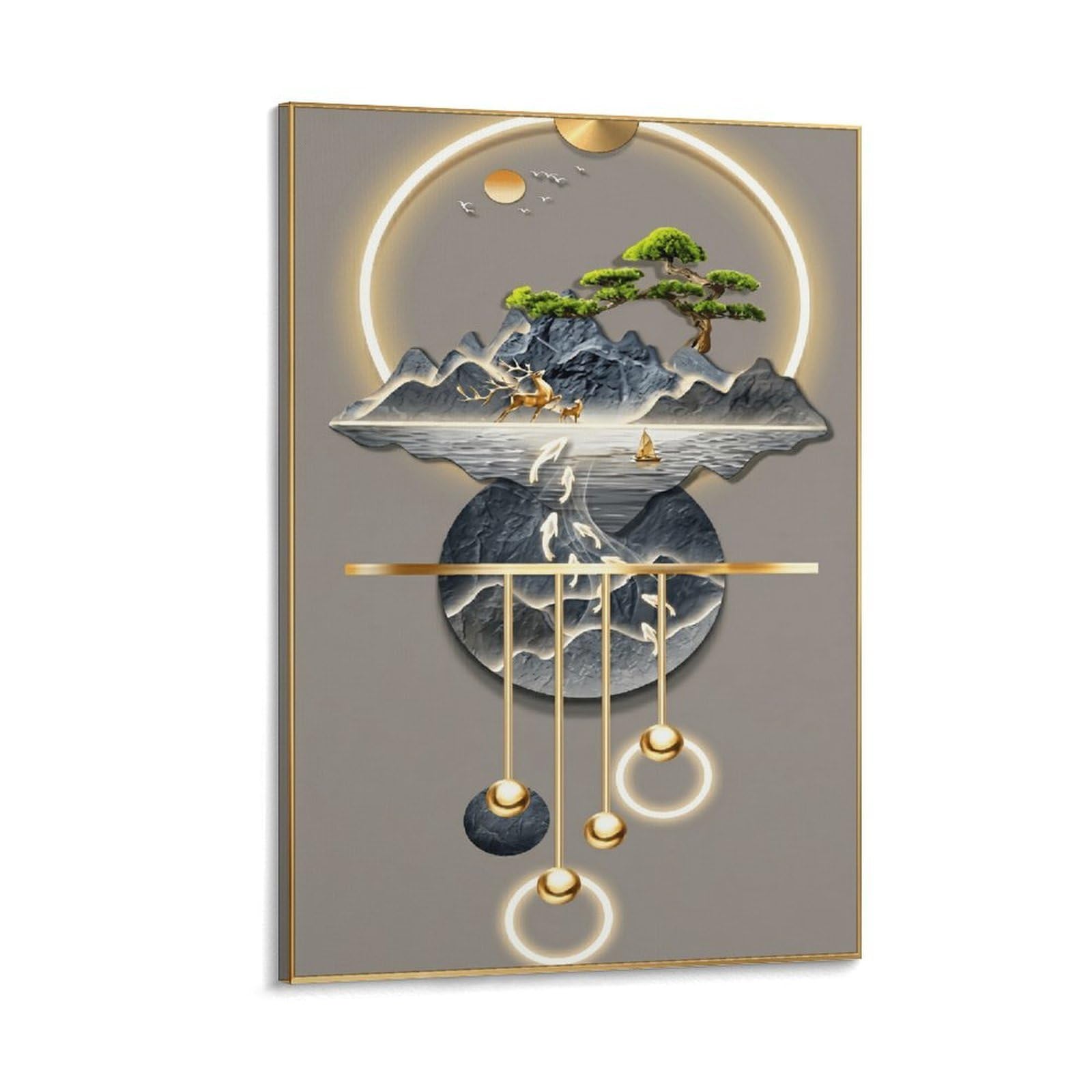 XPASHIQWC Golden Deer Pine Tree Nine Fish Landscape Wall Decor Poster Canvas Prints Picture Modern Canvas Wall Art Picture Wall Hanging for Living Room Bedroom Home Decorations 20x30inch(50x75cm)