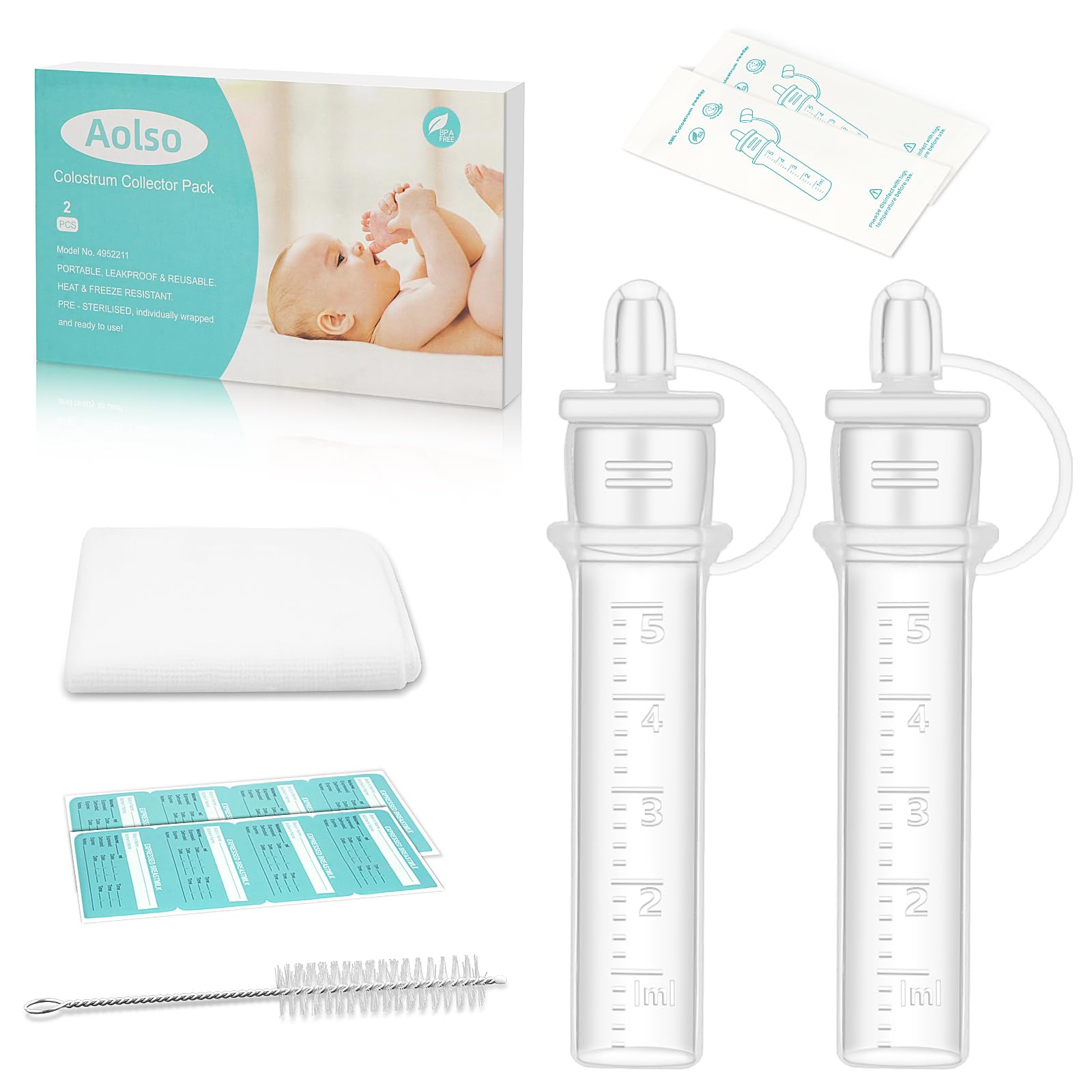 Aolso Colostrum Collector Kit,6ml/2pcs Silicone Breast Milk Collector,Reusable Colostrum Harvesting Kit with Cotton Cloth Wipe