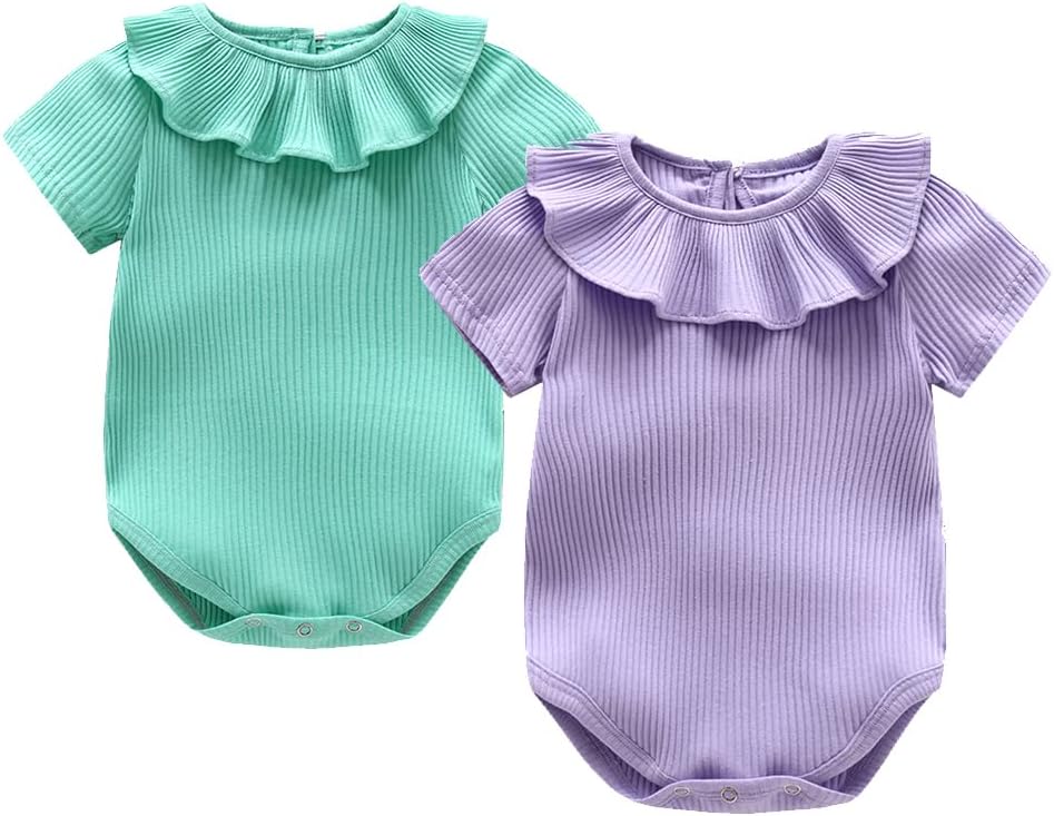 JunNeng Baby Girl 2 Pack Bodysuits Infant Toddler Ruffled Neckline Ribbed Romper Short Sleeve Summer Outfits (purple＋green, 12-18 Months)