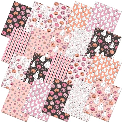 Hahafelt 10 Pcs 18 x 22 Inch Pink Ghost Halloween Quilting Fabric Squares Ghost Floral Fabric Bundles Pumpkin Flower Fat Quarters Pink Black Skull for Halloween DIY Craft Sewing Handmade