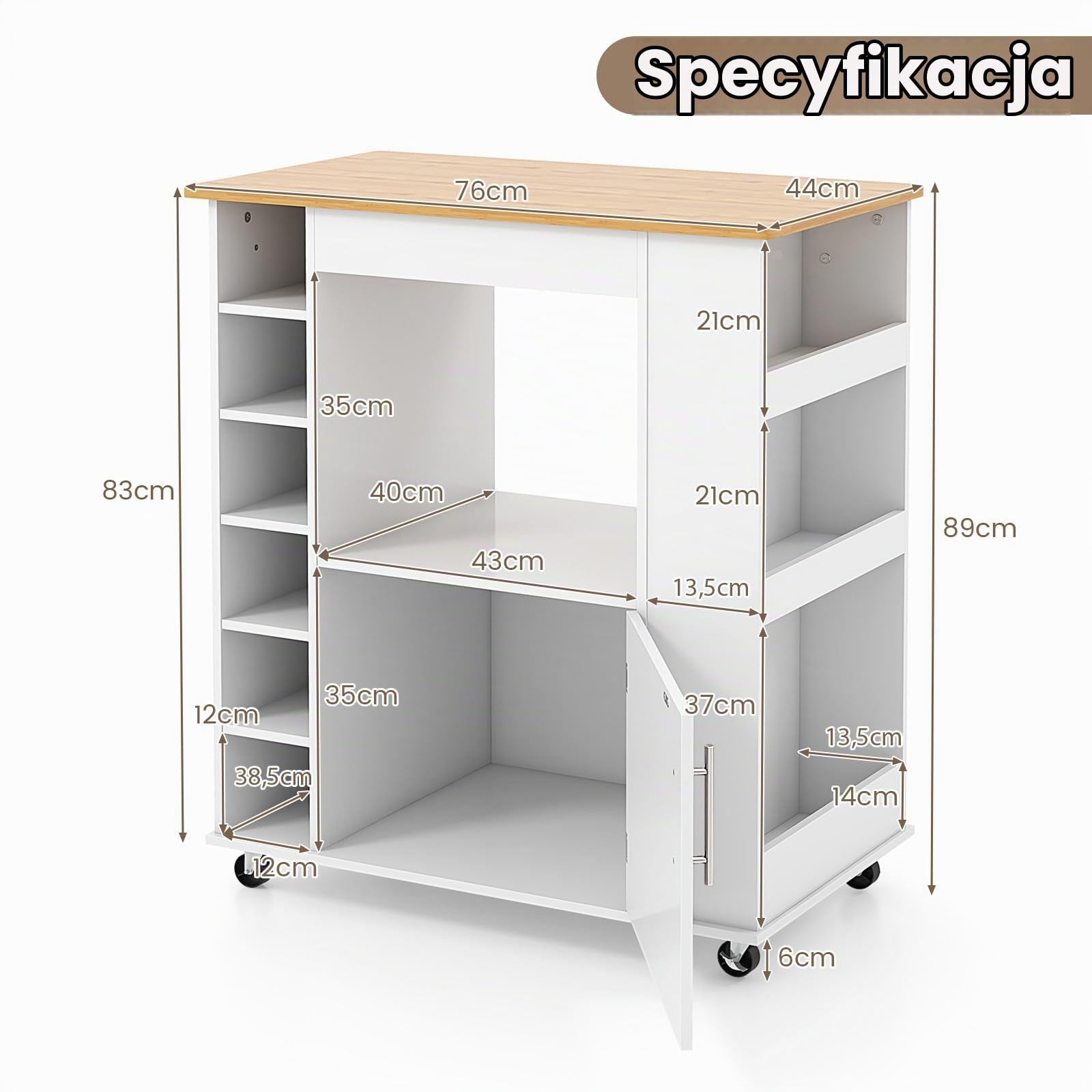 KOMFOTTEU Wózek do serwowania, wózek kuchenny, wózek kuchenny na kółkach z blatem roboczym i 6 butelek, regał na wino, wózek uniwersalny, drewniana szafka kuchenna na kółkach, do kuchni, jadalni, baru