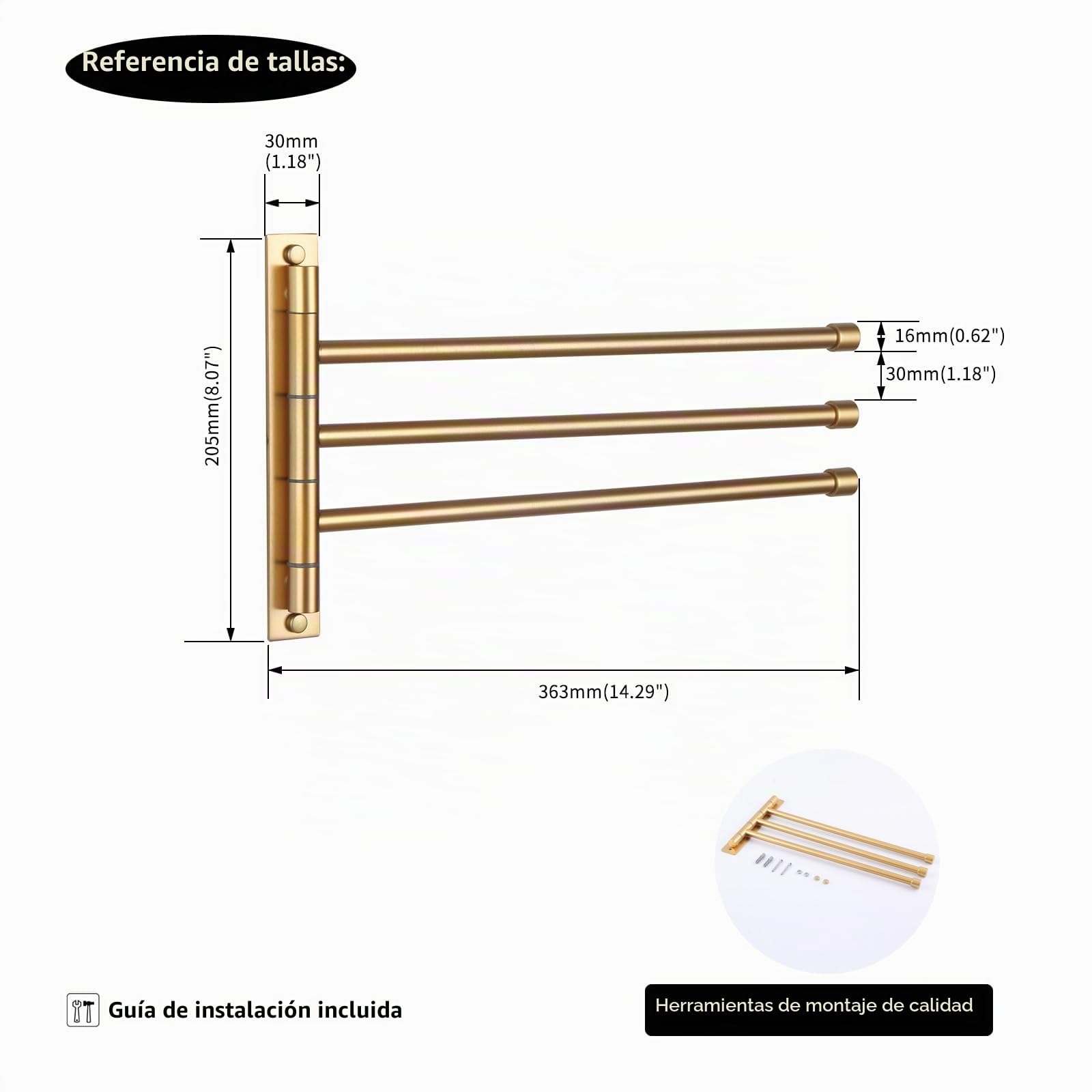 GERZWY Sus 304 - Toallero de Mano de Acero Inoxidable con 3 Barras, Brazo Plegable, Soporte Giratorio para Toallas de baño, Barra de Toalla giratoria, Montaje en Pared, Acabado Dorado