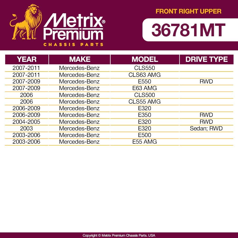Metrix Premium Chassis Parts - Front Right Upper Control Arm w Ball Joint & Bushing Assembly Fits 07-11 Mercedes-Benz CLS550, 07-11 CLS63 AMG, 07-09 E550 RWD, 07-09 E63 AMG, RK620735, Made in Europe