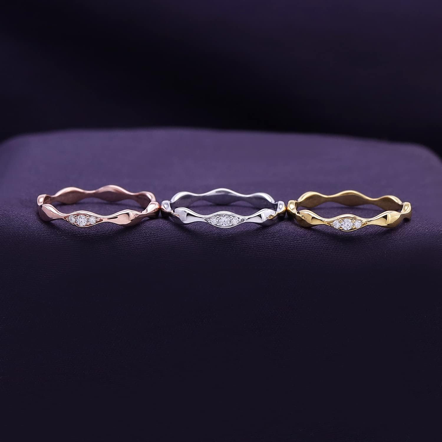 SAVEARTH DIAMONDS 1/10 Carat Round Cut Moissanite Lab Created Diamond Set Of 3 Tri-Color Stackable Eternity Wedding Band Ring In 14k Gold Over Sterling Silver Jewelry For Women (0.10 Cttw)