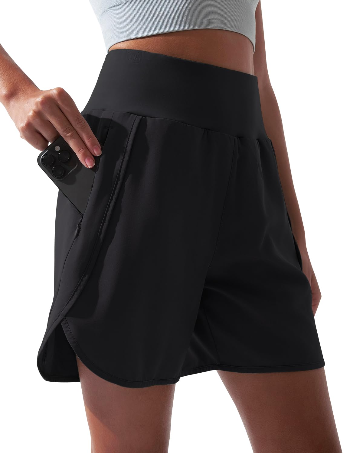 BebreezChic Sporthose Kurz Damen Sommer Hohe Taille Sport Shorts 2 in 1 mit Tasche Schnelltrocknende Running Shorts Fitness Yoga Kurze Hose