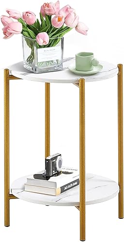 Miniatura 6 de Aimerive Moderna mesa auxiliar de 2 niveles con mesa extraíble de mármol, mesa auxiliar pequeña con marco de metal, moderna mesita de noche redonda